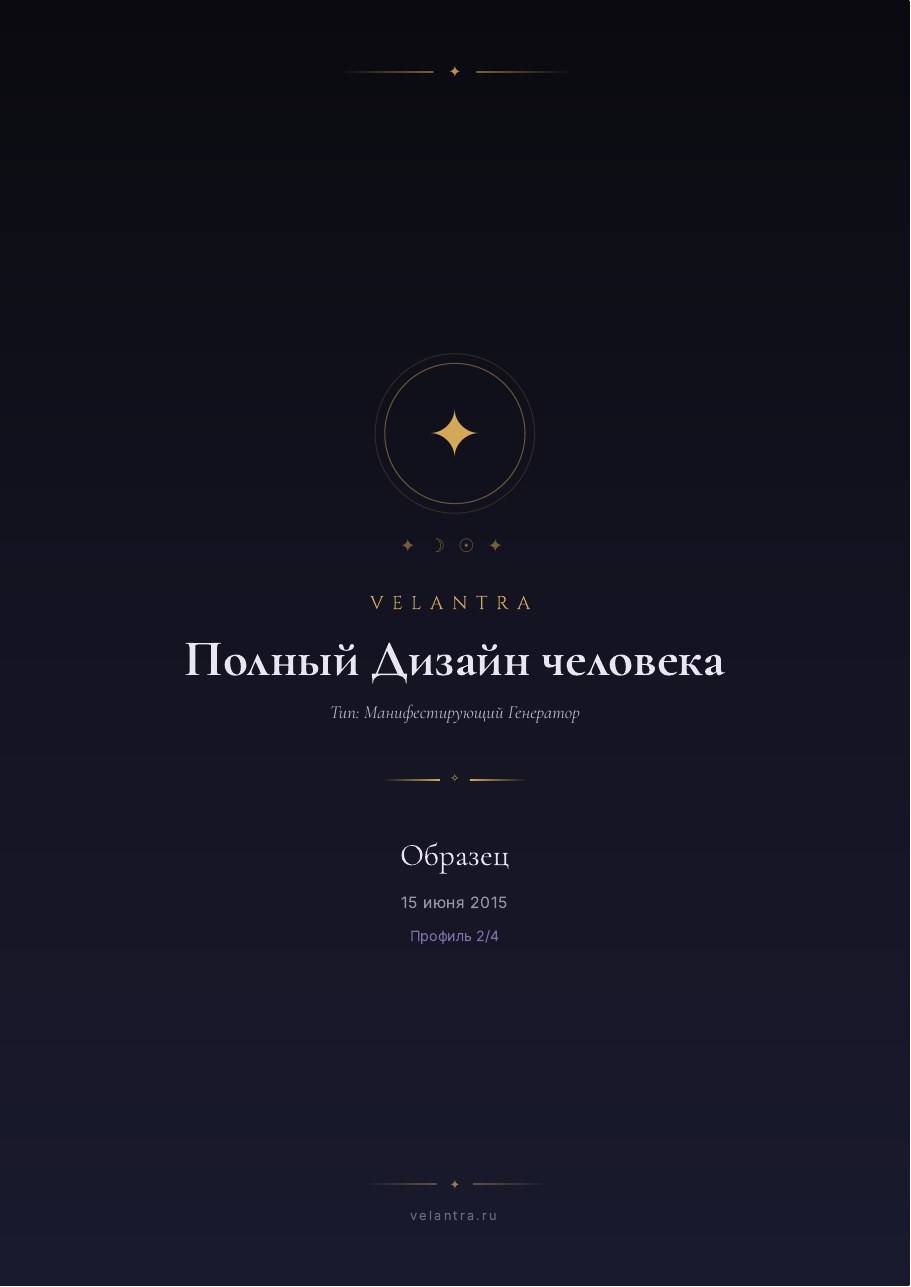 Страница 2 разбора карты Human Design, образец на вымышленной дате