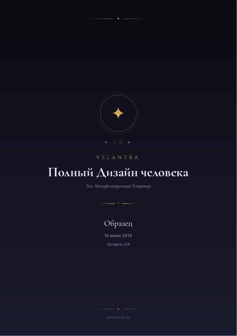 Страница 2 разбора карты Human Design, образец на вымышленной дате
